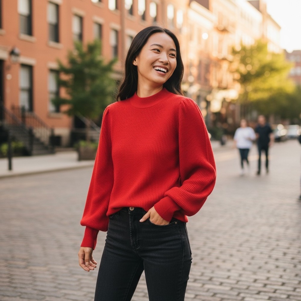 Line + Dot Sweater Womens‎ Small Red Ribbed Mock Neck Long Sleeve Balloon Sleeve